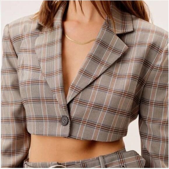 For Love and Lemons Kym Crop Blazer Jacket Grey Plaid NWT Size L - Picture 1 of 8
